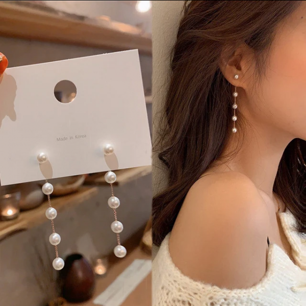 Long earrings with imitation pearls